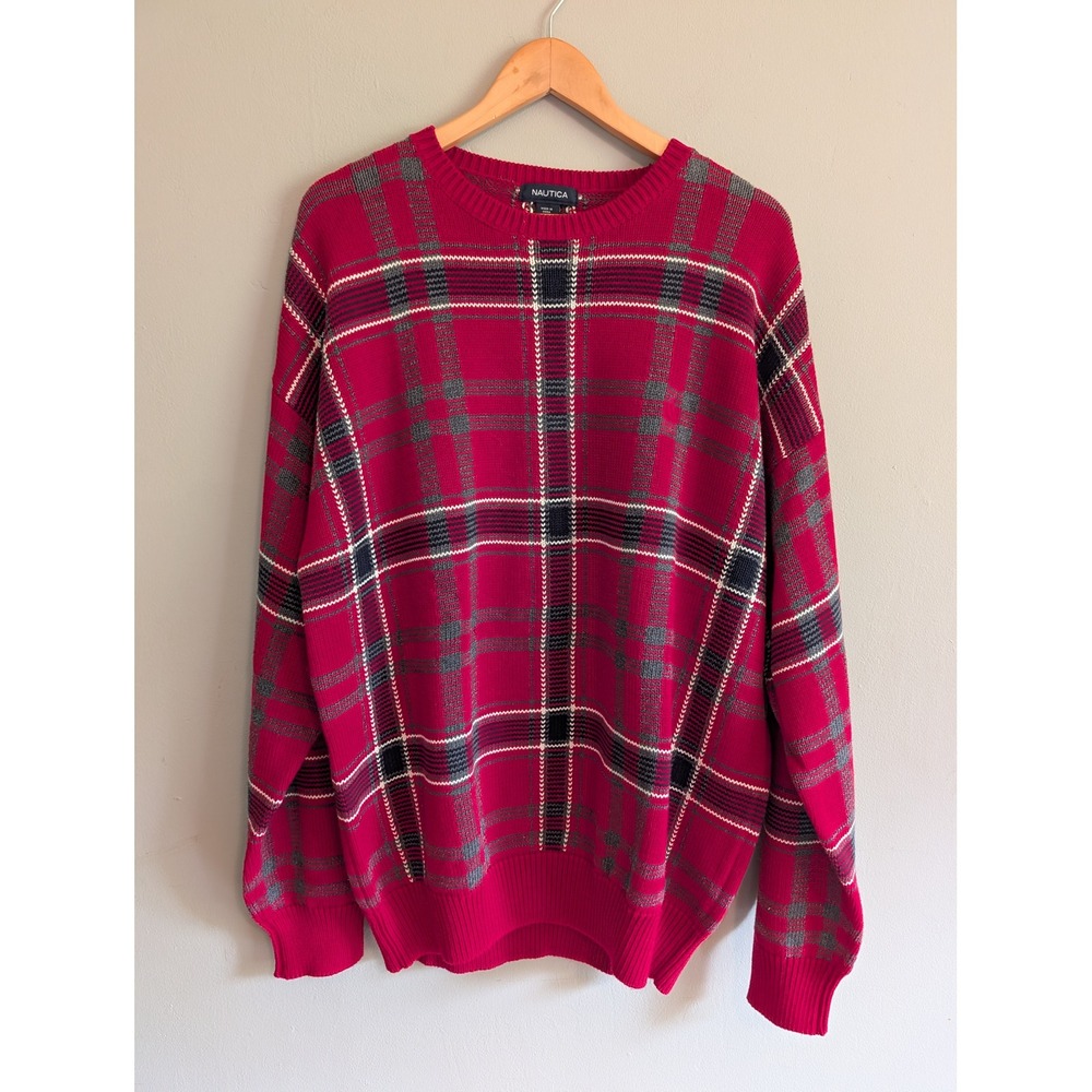 Nautica Vintage 90s/Y2K Red Plaid Cotton Knit Crewneck Sweater Mens XXL Holiday
